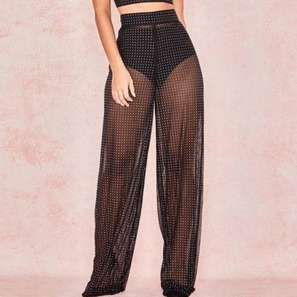 NWT House of CB Anya Pant w/ Crystal Embellishment Black See Through Size XS